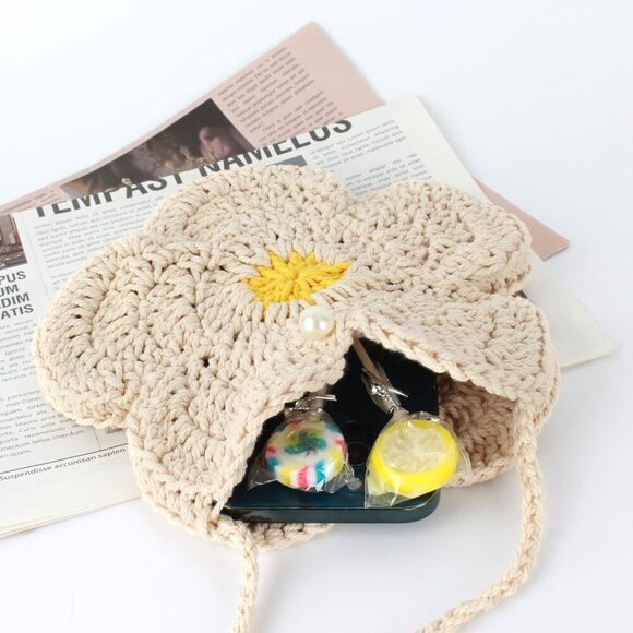 Women Mini Cotton Crochet Crossbody Bag Floral Pattern Small Shoulder Purse - Picture 2 of 7